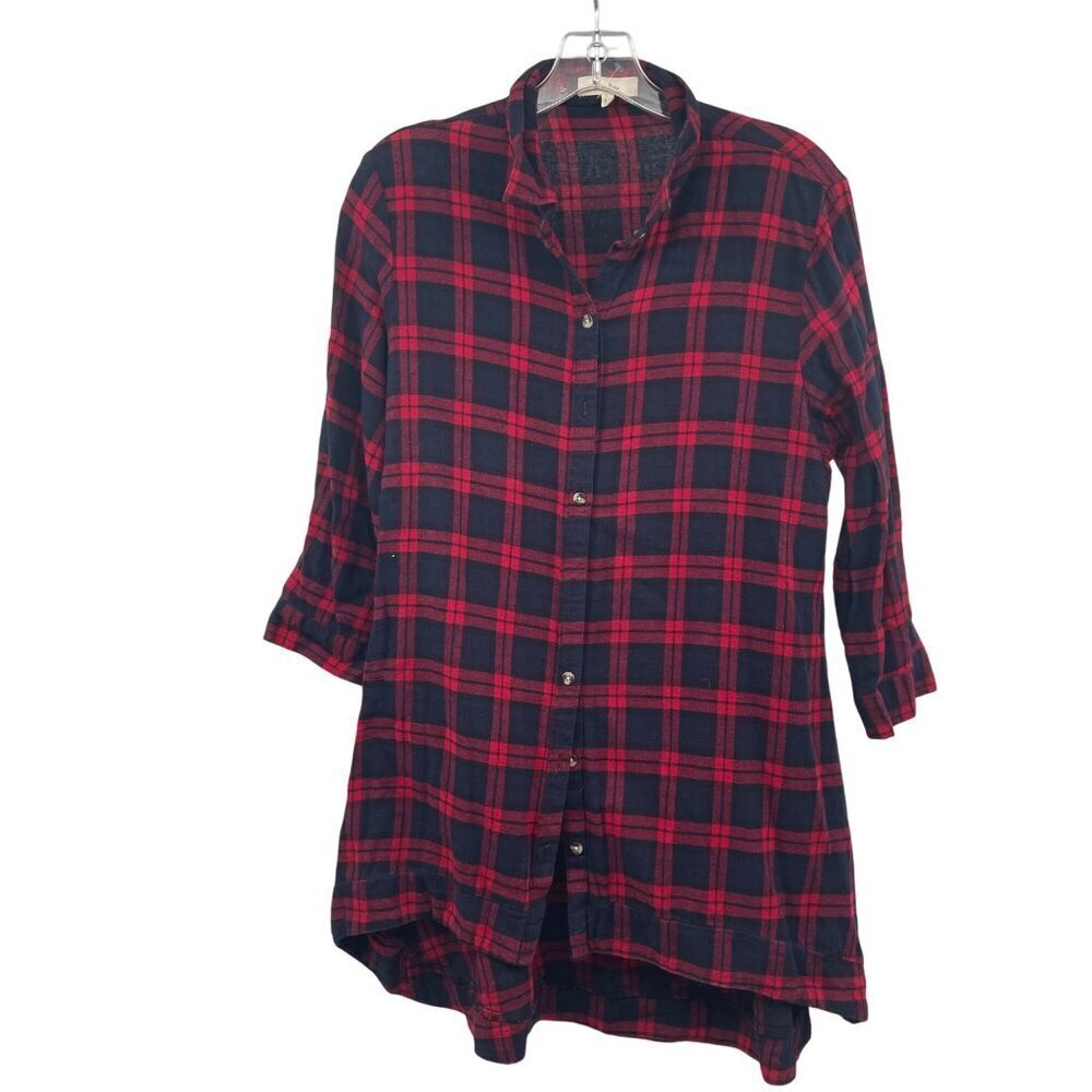 Love Notes Womens Plaid Button Up Top 3/4 Sleeve Hi Low Red/Multi Size Large